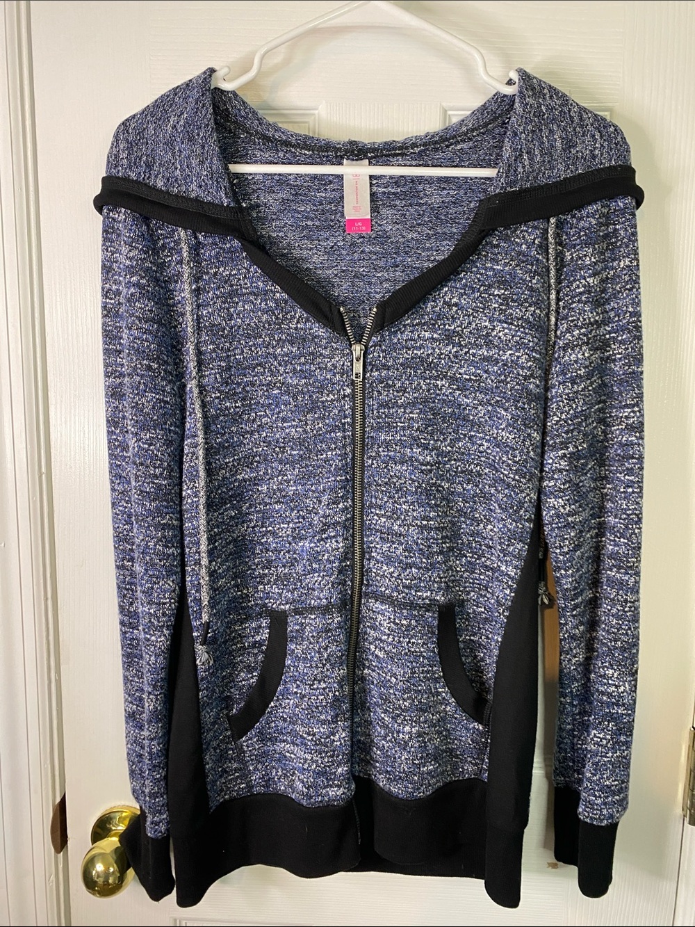 No Boundaries Blue Marled Zip-Up Hoodie Cardigan with Black Trim Size Large.